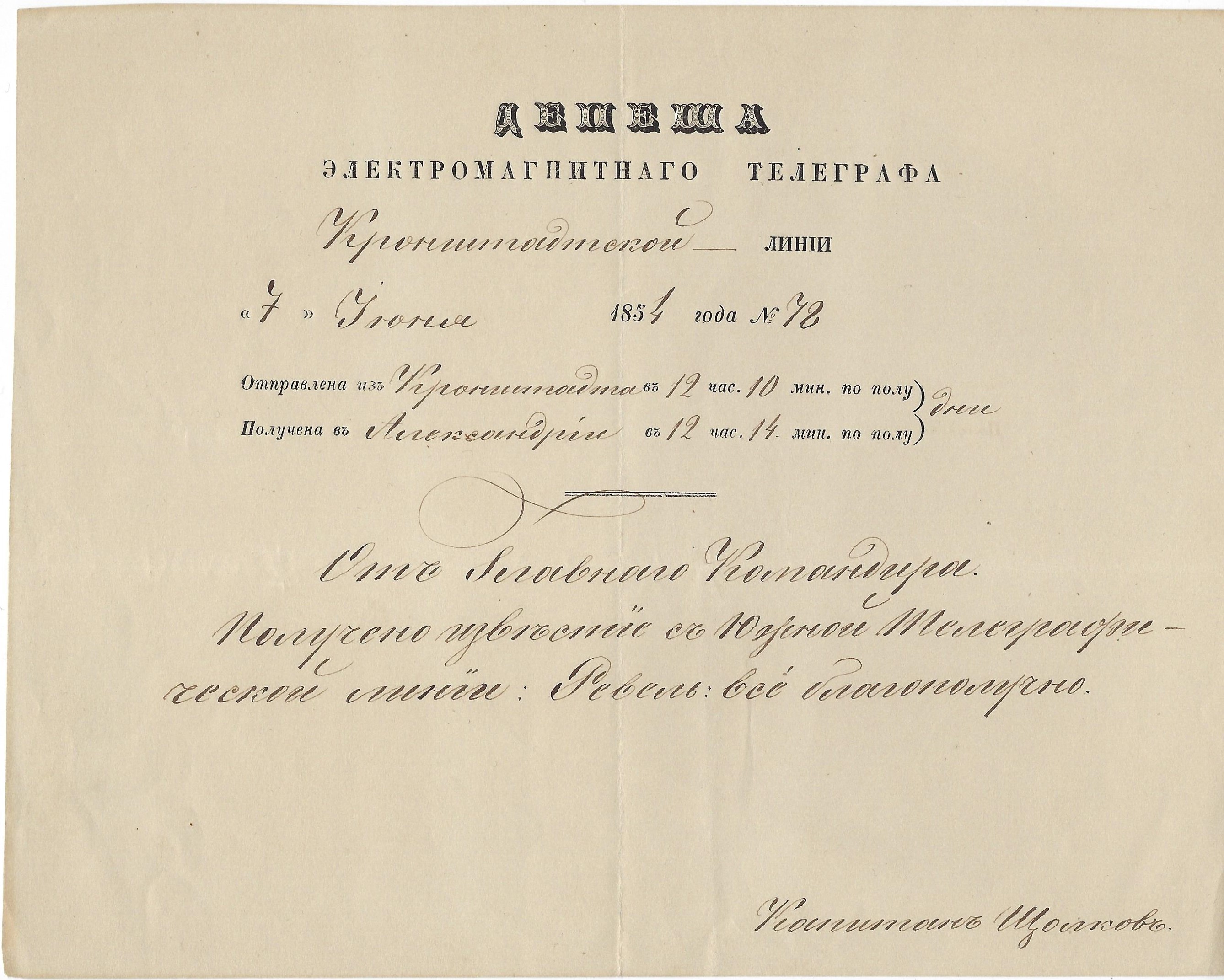 Russia Postal History - Postal Documents, Receipts Dispatch (Depesha) Scott 1854 